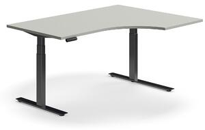 Výškovo nastaviteľný stôl QBUS, rohový, 1600x1200 mm, čierny rám, svetlošedá