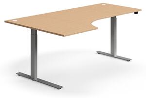 Výškovo nastaviteľný stôl FLEXUS, rohový, 2000x1200 mm, strieborný rám, buk