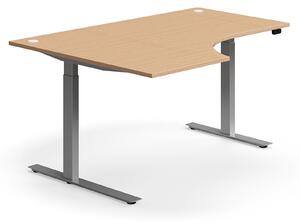Výškovo nastaviteľný stôl FLEXUS, rohový, 1600x1200 mm, strieborný rám, buk