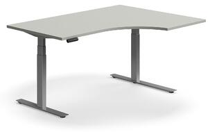 Výškovo nastaviteľný stôl QBUS, rohový, 1600x1200 mm, strieborný rám, svetlošedá