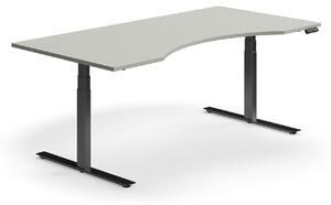 Výškovo nastaviteľný stôl QBUS, s výrezom, 2000x1000 mm, čierny rám, svetlošedá