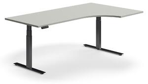 Výškovo nastaviteľný stôl QBUS, rohový, 2000x1200 mm, čierny rám, svetlošedá