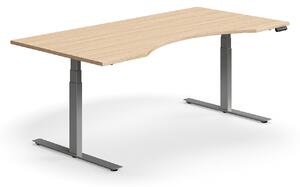 Výškovo nastaviteľný stôl QBUS, s výrezom, 2000x1000 mm, strieborný rám, dub
