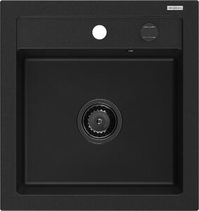 Mexen Vito, granitový drez 520x490x210 mm, 1-komorový, čierna s čiernym sifónom, 6503521000-77-B