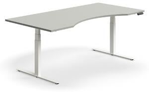 Výškovo nastaviteľný stôl QBUS, s výrezom, 2000x1000 mm, biely rám, svetlošedá
