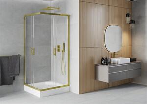 Mexen Rio, štvorcový sprchovací kút s posuvnými dverami 90 (dvere) x 90 (dvere) x 190 cm, 5mm číre sklo, zlatý profil + biela sprchová vanička RIO, 860-090-090-50-00-4510