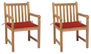 Záhradné stoličky 2 ks s červenými podložkami tíkový masív
