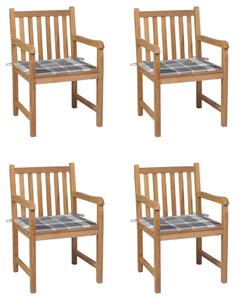 Záhradné stoličky 4 ks, sivé kockované podložky, tíkový masív