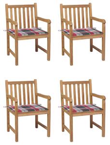 Záhradné stoličky 4 ks červené kockované podložky teakový masív