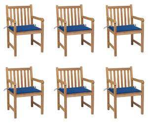Záhradné stoličky 6 ks, kráľovsky modré podložky, tíkový masív