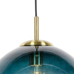 Art deco závesná lampa mosadz s oceánsky modrým sklom 33 cm - Pallon