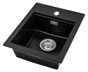 Sink Quality Ferrum New 4050, 1-komorový granitový drez 400x500x185 mm + chrómový sifón, čierna, SKQ-FER.4050.BK.X