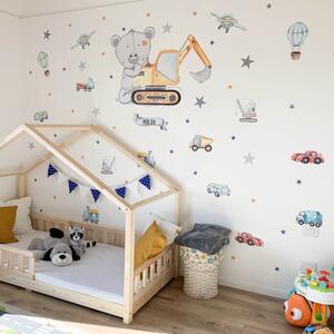 INSPIO-textilná prelepiteľná nálepka - Nálepka na stenu pre chlapcov - Maco a stavebné autá do detskej izby