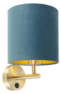 Elegantná nástenná lampa zlatá s modrým zamatovým odtieňom - matná