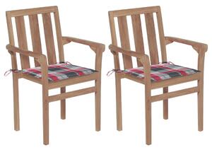 Záhradné stoličky 2 ks červené kockové podložky teakový masív