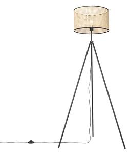 Vidiecka stojaca lampa statív čierny s ratanovým tienidlom - Kata