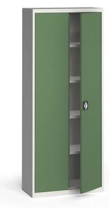 Plechová policová skriňa na náradie KOVONA, 1950 x 800 x 400 mm, 4 police, sivá/zelená