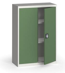 Plechová policová skriňa na náradie KOVONA, 1150 x 800 x 400 mm, 2 police, sivá/zelená