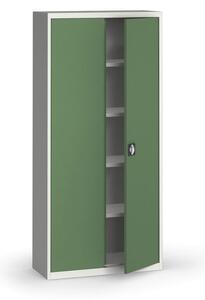 Plechová policová skriňa na náradie KOVONA, 1950 x 950 x 400 mm, 4 police, sivá/zelená