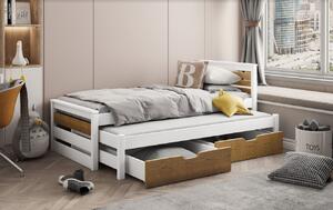 Detská posteľ z masívu borovice CALVIN s prístelkou a šuplíky - 200x90 cm - biela/dub