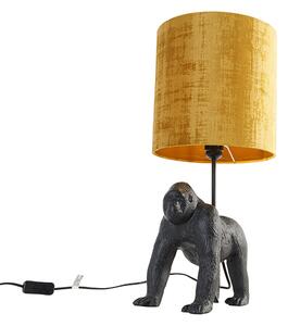 Vintage stolná lampa čierna látková tienidlo zlatá - Gorila