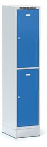 Šatníková skrinka S6 na sokli s úložnými boxami, 2 boxy, 1920 x 400 x 500 mm, otočný zámok, modré dvere