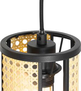 Retro závesná lampa čierna s ratanovým 3-svetlým okrúhlym - Akira