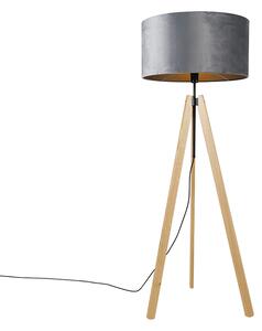 Moderná stojanová lampa z dreveného textilného tienidla sivá 50 cm statív - Telu