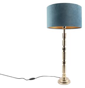 Art Deco stolná lampa zlatý zamat odtieň modrá 35 cm - Torre