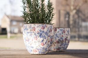 Okrasný kvetináč s modrými kvetmi - Ø 18 * 17 cm - Clayre & Eef