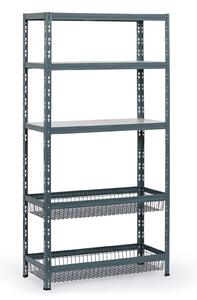 Policový regál s košmi, 1790 x 900 x 400 mm, nosnosť 175 kg, 3 police + 2 koše