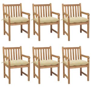 Záhradné stoličky 6 ks s krémovobielymi podložkami tíkový masív