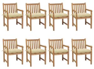 Záhradné stoličky 8 ks s krémovobielymi podložkami tíkový masív