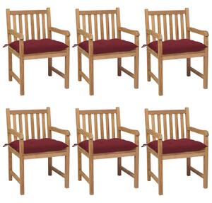Záhradné stoličky 6ks s vínovočervenými podložkami tíkový masív