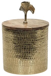 Dekoratívny box zlatý kovový drevený vrch guľatý úložný priestor