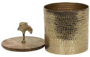 Dekoratívny box zlatý kovový drevený vrch guľatý úložný priestor