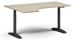 Výškovo nastaviteľný stôl OBOL, elektrický, 675-1325 mm, rohový ľavý, doska 1600x1200 mm, čierna zaoblená podnož, dub prírodný