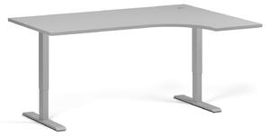 Rohový výškovo nastaviteľný stôl, 160x120 cm, 2 motory, L/P, sivá podnož, sivá