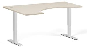 Výškovo nastaviteľný stôl, 2 motory, 745 - 1215 mm, ergonomický ľavý, doska 1600 x 1200 mm, biela podnož, breza