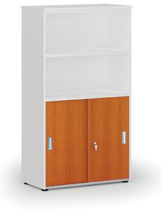 Kombinovaná kancelárska skriňa PRIMO WHITE, zasúvacie dvere na 2 poschodia, 1434 x 800 x 420 mm, biela/čerešňa