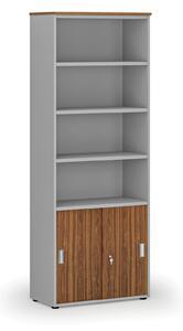 Kombinovaná kancelárska skriňa PRIMO GRAY, zasúvacie dvere na 2 poschodia, 2128 x 800 x 420 mm, sivá/orech