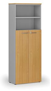 Kombinovaná kancelárska skriňa PRIMO GRAY, dvere na 4 poschodia, 2128 x 800 x 420 mm, sivá/buk