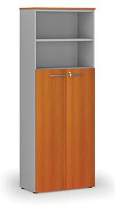 Kombinovaná kancelárska skriňa PRIMO GRAY, dvere na 4 poschodia, 2128 x 800 x 420 mm, sivá/čerešňa