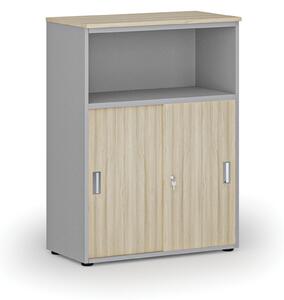 Kombinovaná kancelárska skriňa so zásuvnými dverami PRIMO GRAY, 1087 x 800 x 420 mm, sivá/dub prírodný