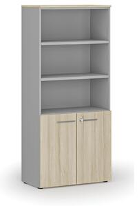 Kombinovaná kancelárska skriňa PRIMO GRAY, dvere na 2 poschodia, 800 x 420 x 1781 mm, sivá/dub prírodný