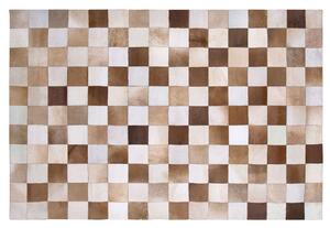 Hnedý koberec s béžovou farbou 140 x 200 cm z kože, geometrický vzor, kockovaný, ručné práce, moderný vidiecky štýl