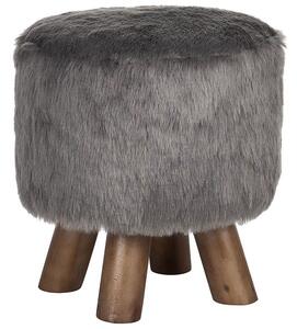 Sivá umelá kožušina podnožka guľatá chlpatá stolička na drevených nohách