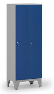 Drevená šatníková skrinka, znížená, 2 oddiely, cylindrický zámok, sivá/modrá
