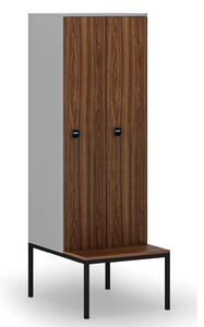 Drevená šatníková skrinka s lavičkou, 2 oddiely, 1871 x 600 x 500/800 mm, RFID zámok, sivá/orech
