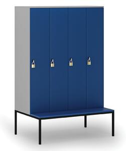 Drevená šatníková skrinka s lavičkou, 4 oddiely, otočný zámok, sivá / modrá
